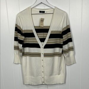 Coldwater Creek Womens Cardigan L White Tan Black 3/4 Sleeves Vneck Button Up